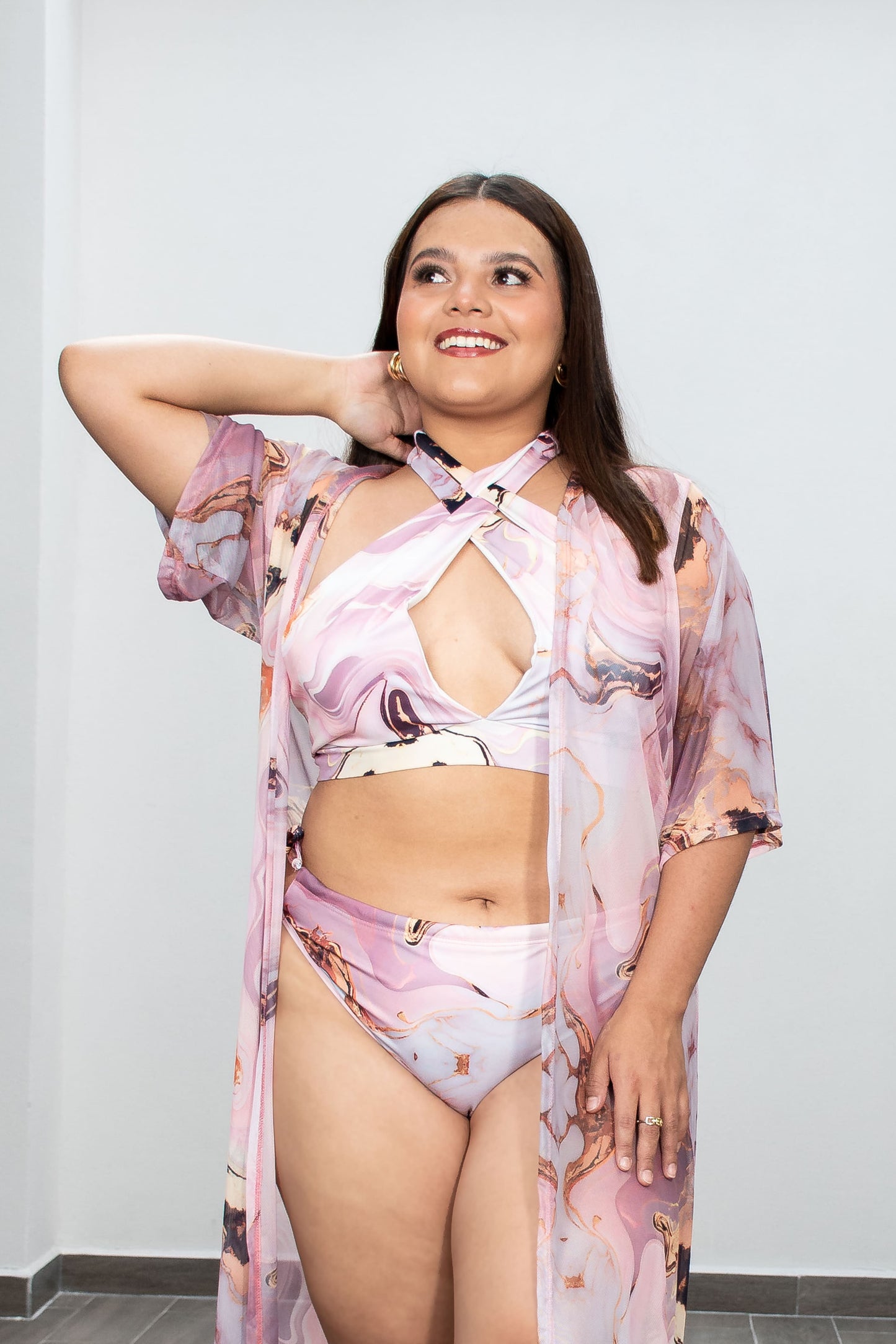 Conjunto de bikini con capa ligera estampada para mujer – Estilo y Comodidad en la Playa