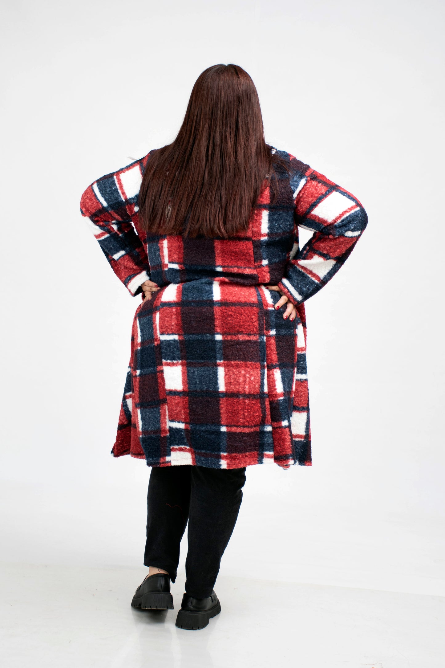 Abrigo Largo de Tela a Cuadros para Mujer Curvy - Talla Extra