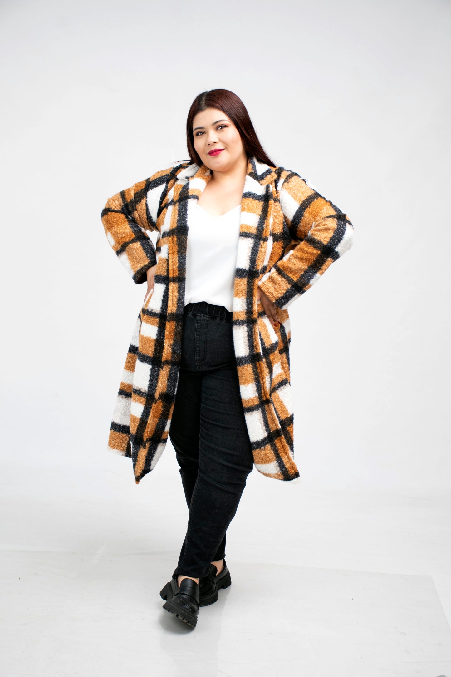 Abrigo Largo de Tela a Cuadros para Mujer Curvy - Talla Extra