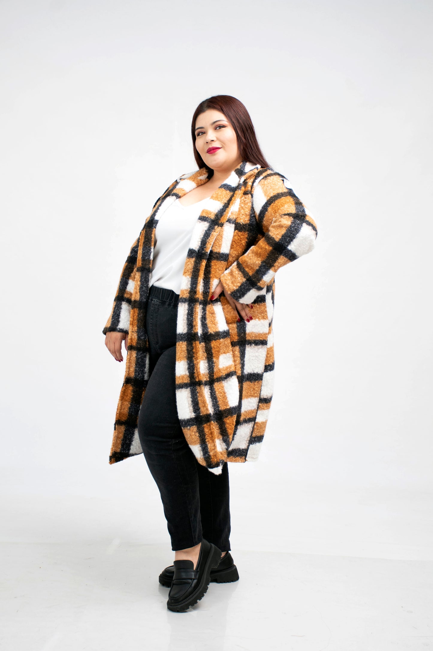 Abrigo Largo de Tela a Cuadros para Mujer Curvy - Talla Extra