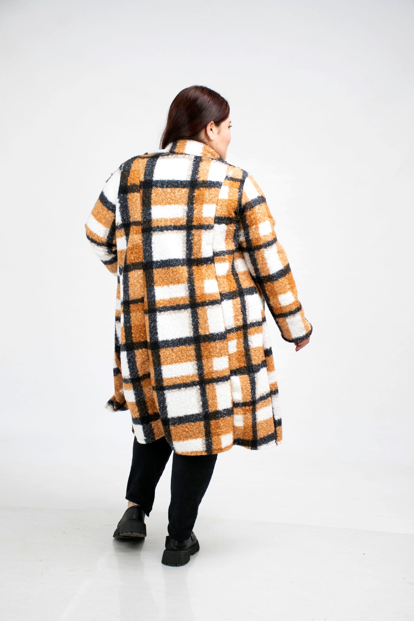 Abrigo Largo de Tela a Cuadros para Mujer Curvy - Talla Extra