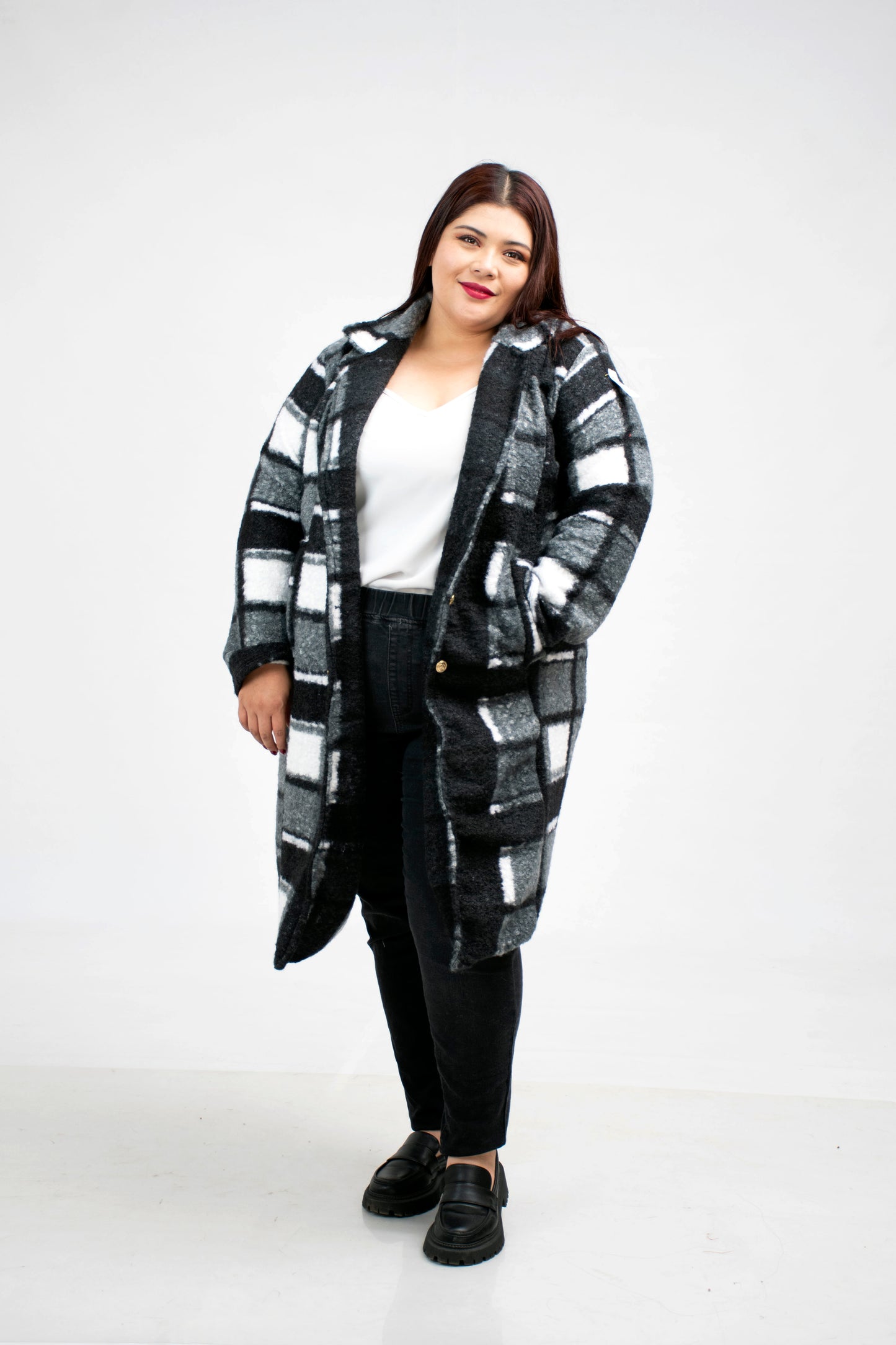 Abrigo Largo de Tela a Cuadros para Mujer Curvy - Talla Extra