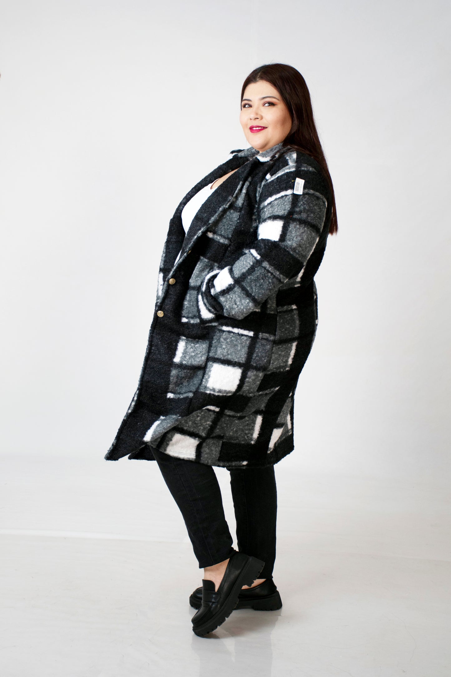 Abrigo Largo de Tela a Cuadros para Mujer Curvy - Talla Extra