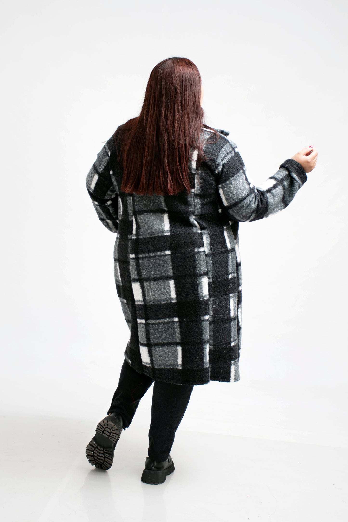 Abrigo Largo de Tela a Cuadros para Mujer Curvy - Talla Extra