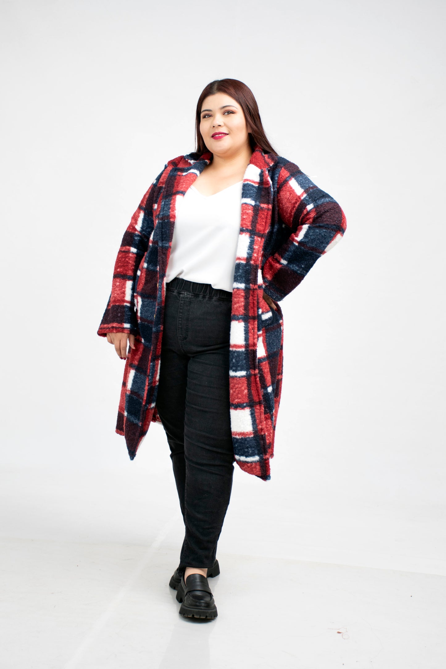 Abrigo Largo de Tela a Cuadros para Mujer Curvy - Talla Extra